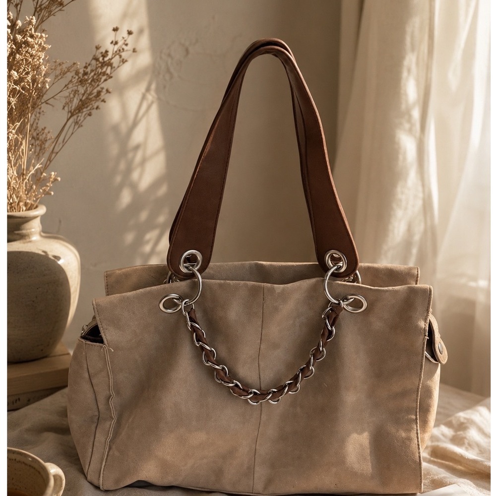 Cato‎ Tan Faux Suede Shoulder Bag Brown Straps Chain Accent Boho Tote Handbag hh
